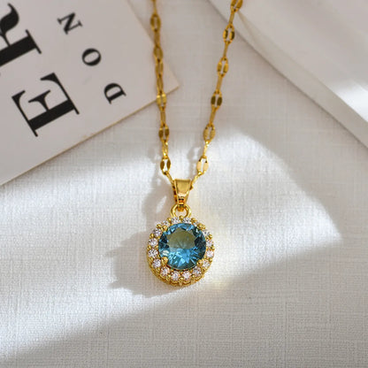 Wholesale Jewelry Classic Style Round Titanium Steel Copper Zircon Gold Plated Inlay Pendant Necklace