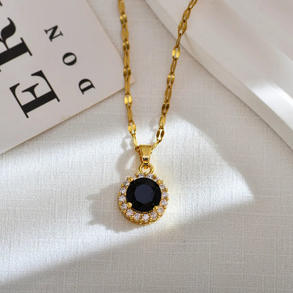 Wholesale Jewelry Classic Style Round Titanium Steel Copper Zircon Gold Plated Inlay Pendant Necklace