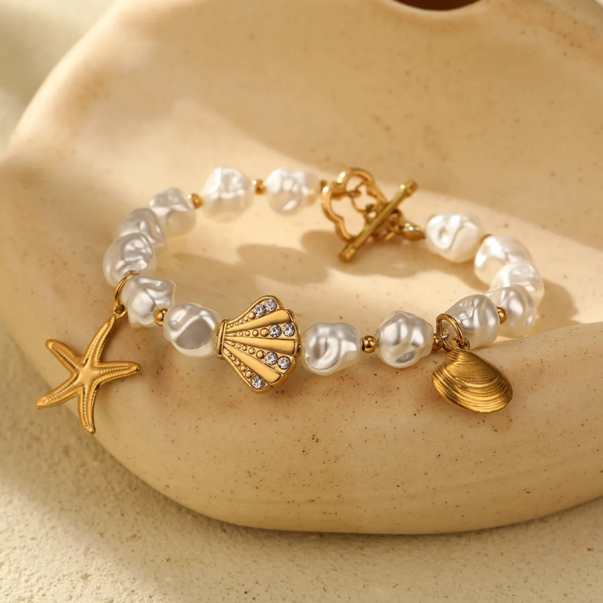 Classic Style Scallop Starfish 18K Gold Plated Zircon 316 Stainless Steel  Artificial Pearl Wholesale Bracelets