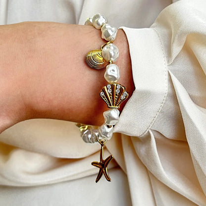 Classic Style Scallop Starfish 18K Gold Plated Zircon 316 Stainless Steel  Artificial Pearl Wholesale Bracelets