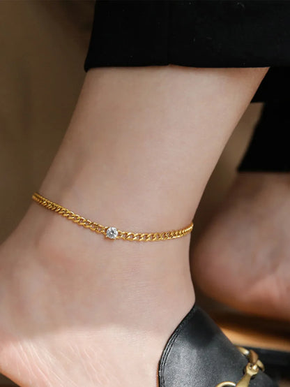 Classic Style Solid Color Chains Print Stainless Steel Inlay Zircon Women's Anklet