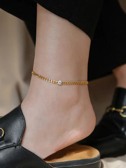 Classic Style Solid Color Chains Print Stainless Steel Inlay Zircon Women's Anklet