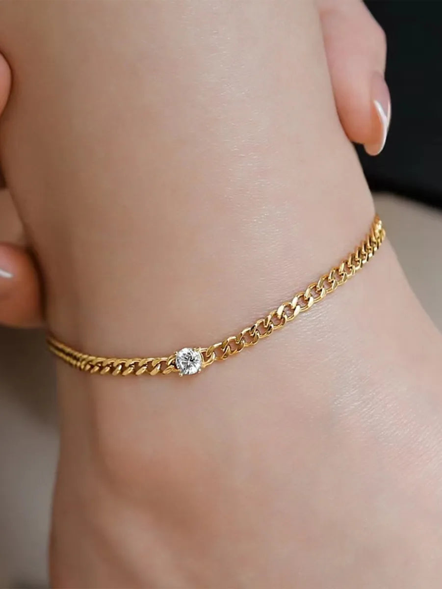 Classic Style Solid Color Chains Print Stainless Steel Inlay Zircon Women's Anklet