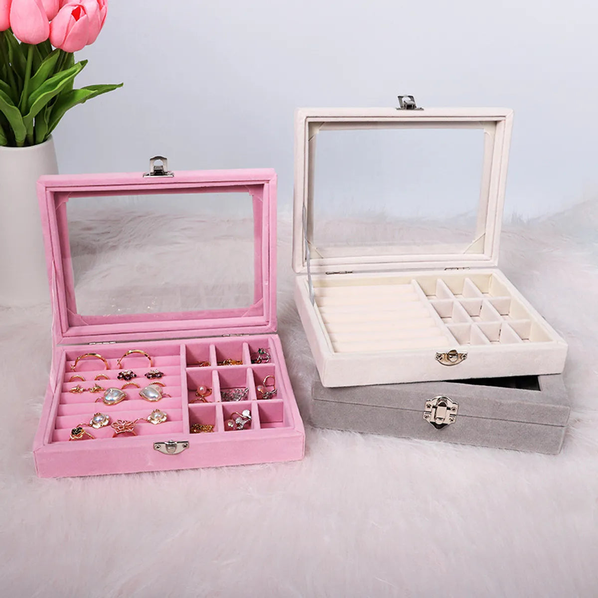 Classic Style Solid Color Flannel Jewelry Boxes