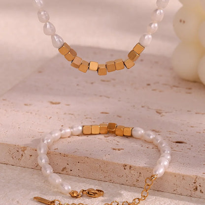 Classic Style Square Stainless Steel Freshwater Pearl Beaded 18k Gold Plated Bracelets Necklace