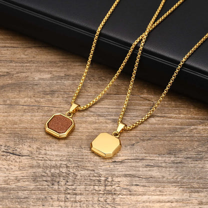 Classic Style Square Stainless Steel Plating Inlay Natural Stone 18k Gold Plated Pendant Necklace