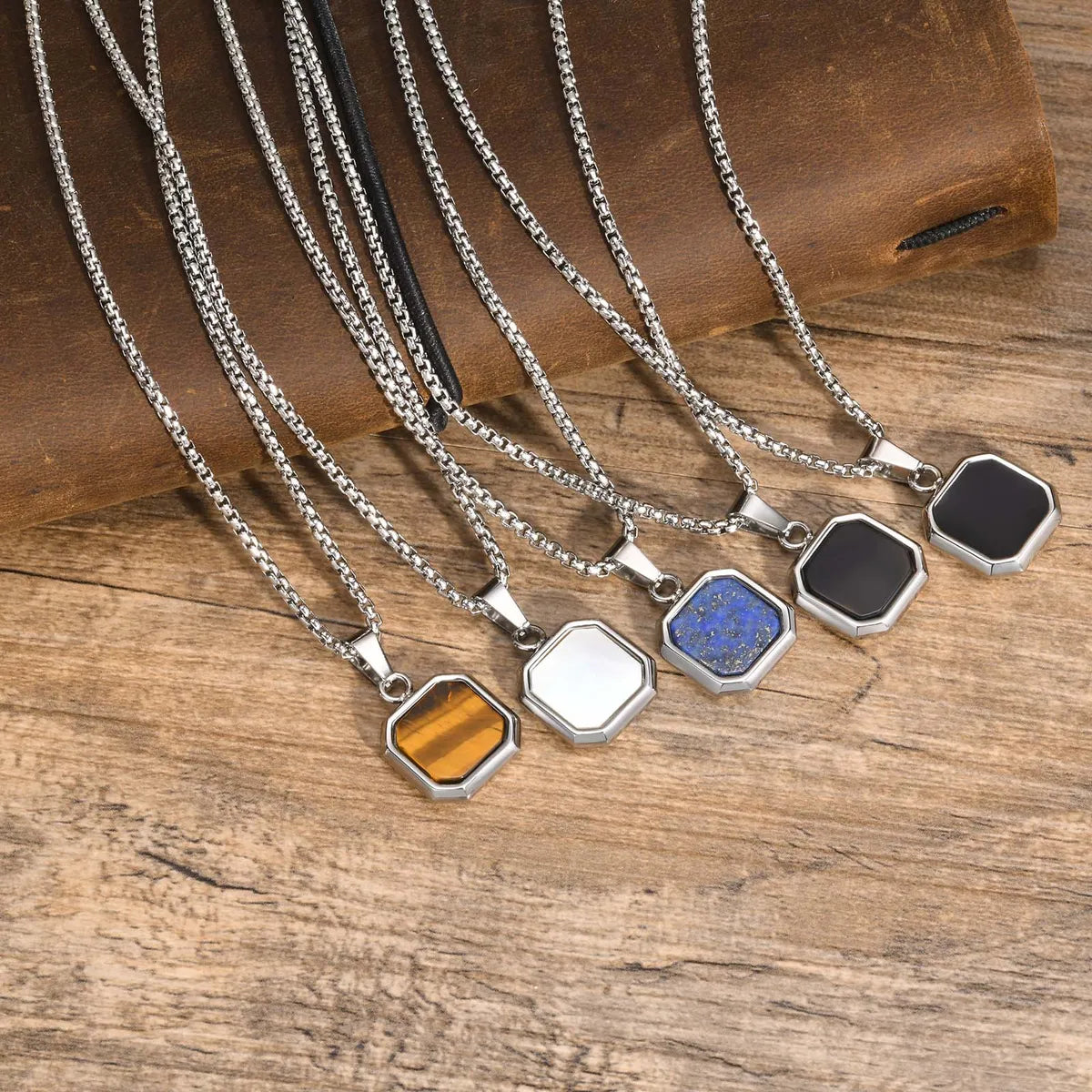 Classic Style Square Stainless Steel Plating Inlay Natural Stone 18k Gold Plated Pendant Necklace