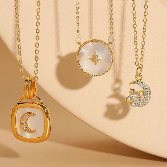 Classic Style Star Moon Copper Irregular Inlay Zircon 14k Gold Plated Pendant Necklace
