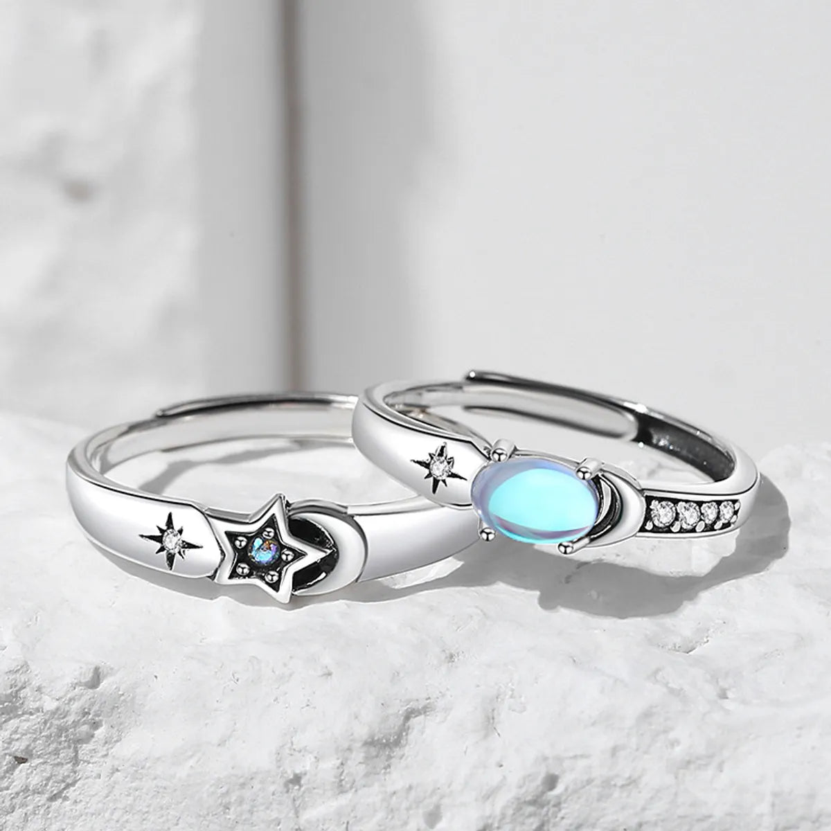 Classic Style Star Sterling Silver Plating Inlay Moonstone Open Rings