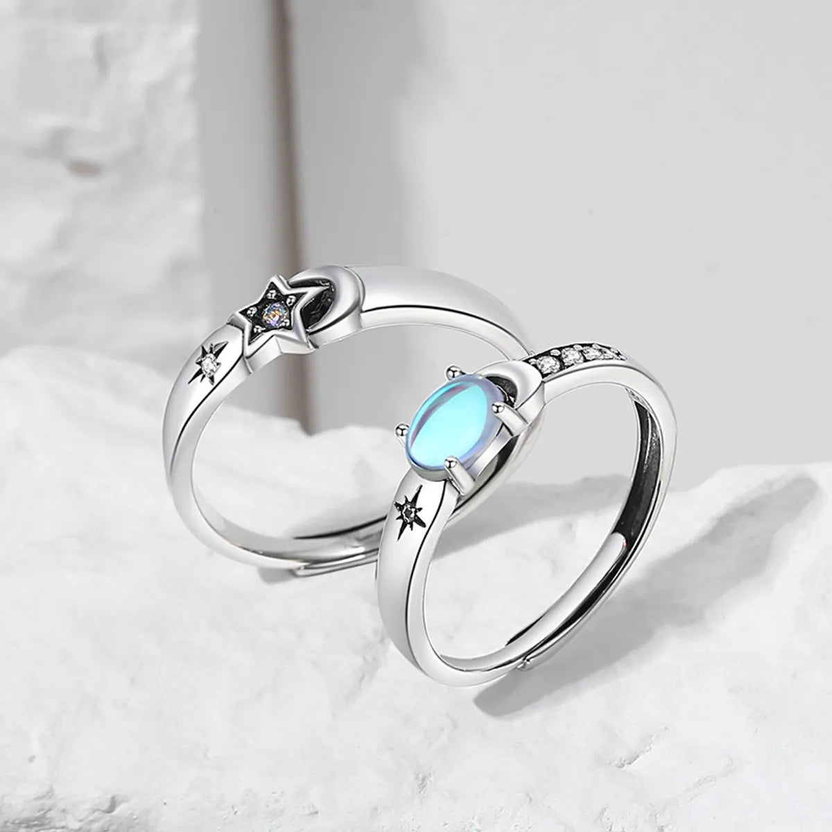 Classic Style Star Sterling Silver Plating Inlay Moonstone Open Rings