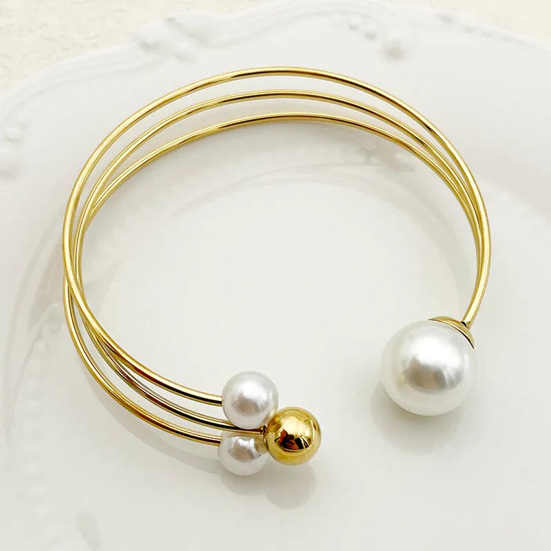 Classic Style Streetwear Commute Round 304 Stainless Steel 14K Gold Plated Pearl Bangle In Bulk