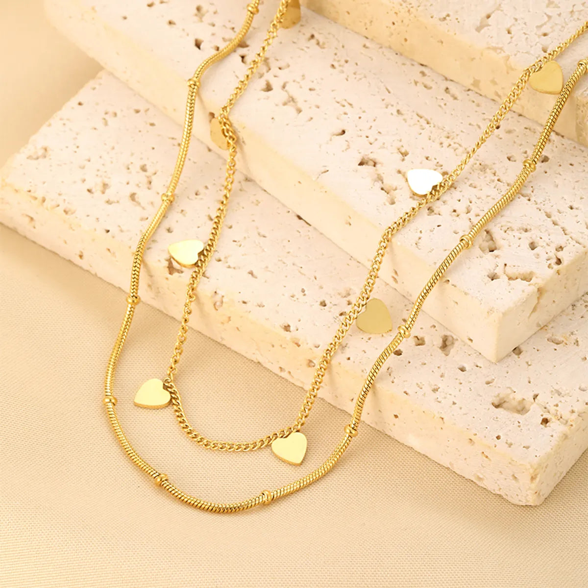 Classic Style Streetwear Heart Shape Stainless Steel Plating 18k Gold Plated Double Layer Necklaces