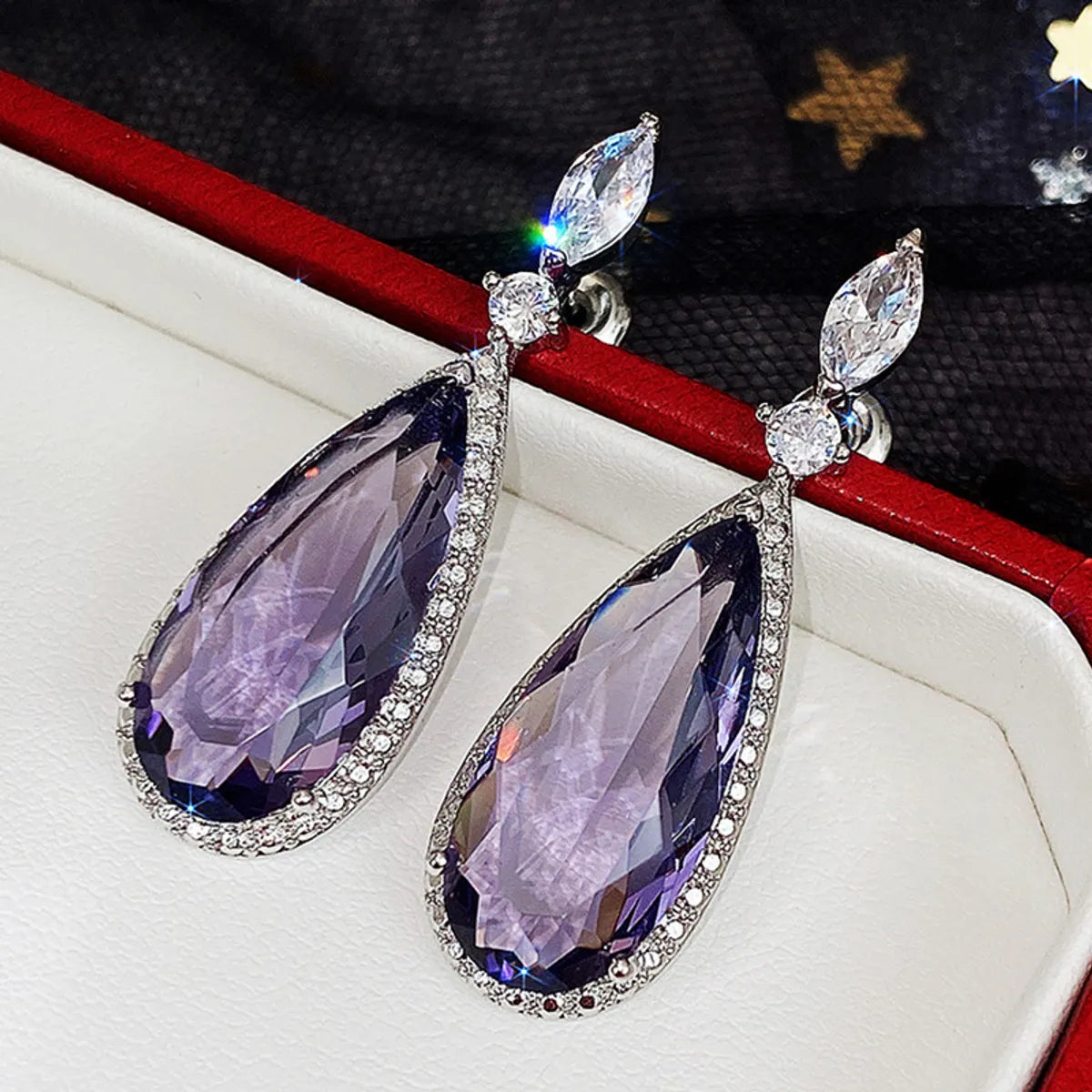 Classic Water Micro-set Purple Zircon Contrast Color Long Copper Earrings Wholesale