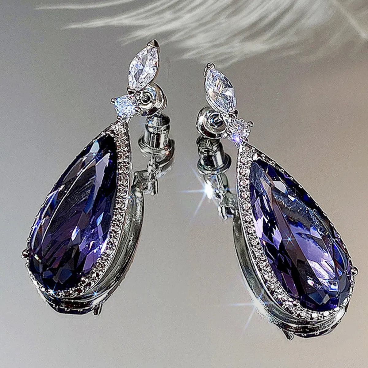 Classic Water Micro-set Purple Zircon Contrast Color Long Copper Earrings Wholesale