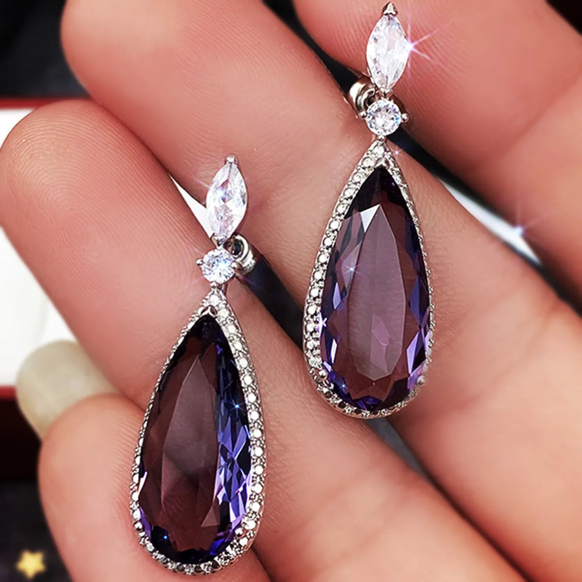 Classic Water Micro-set Purple Zircon Contrast Color Long Copper Earrings Wholesale