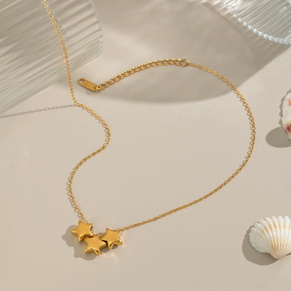 Classic Women's Stainless Steel Three Fivepointed Star Necklace With Pvd Vacuum Real Gold Electroplating