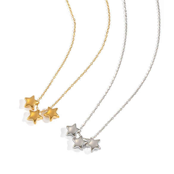 Classic Women's Stainless Steel Three Fivepointed Star Necklace With Pvd Vacuum Real Gold Electroplating
