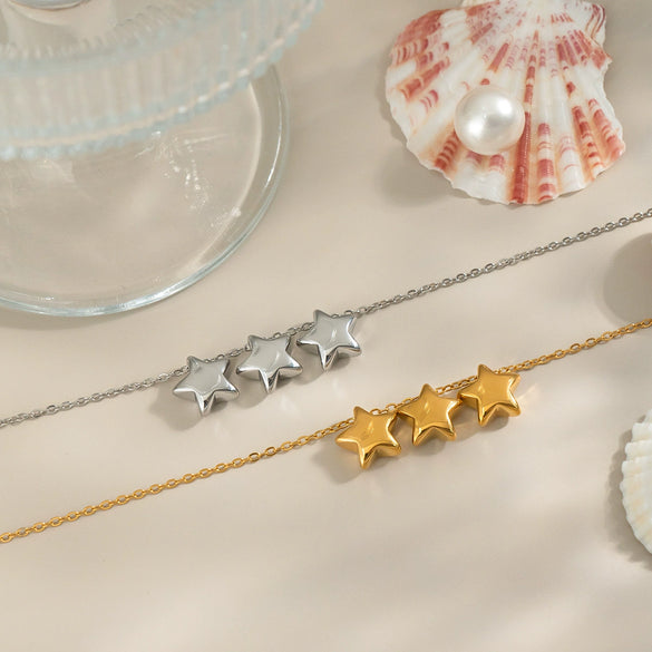 Classic Women's Stainless Steel Three Fivepointed Star Necklace With Pvd Vacuum Real Gold Electroplating