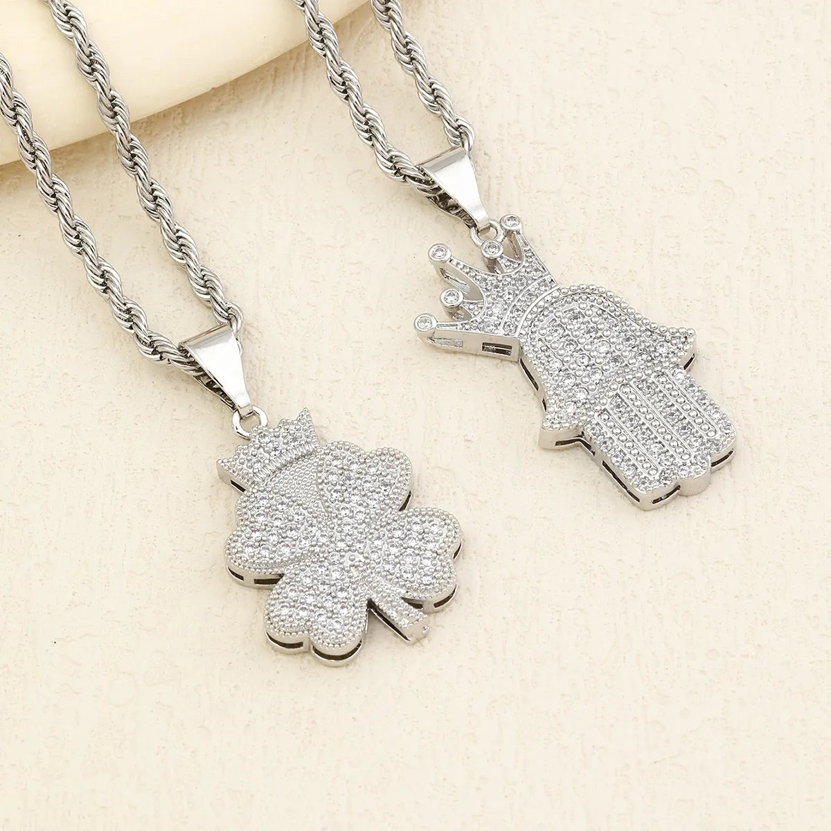 Classical Exaggerated Four Leaf Clover Palm Crown Stainless Steel Plating Inlay Zircon 18k Gold Plated Necklace