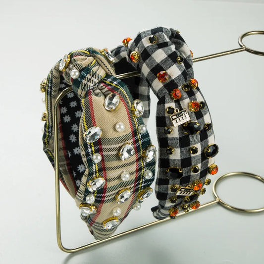 Classical Plaid Checkered Cloth Inlay Glass Hair Band