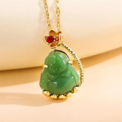 Stainless Steel Titanium Steel 18K Gold Plated Classical Plating Inlay Portrait Jade Zircon Pendant Necklace