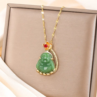 Stainless Steel Titanium Steel 18K Gold Plated Classical Plating Inlay Portrait Jade Zircon Pendant Necklace