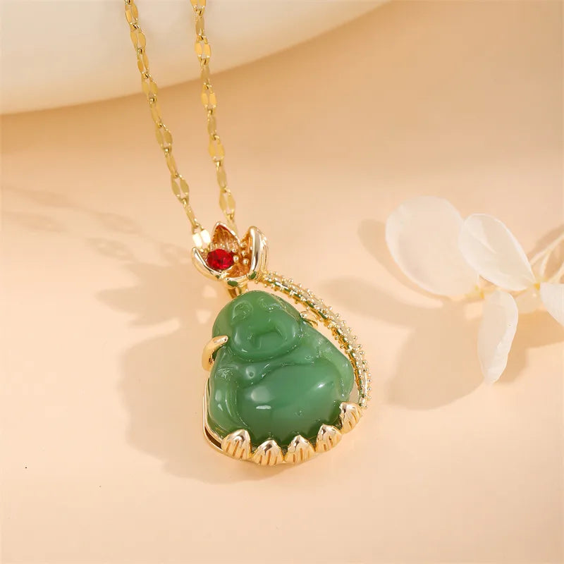 Stainless Steel Titanium Steel 18K Gold Plated Classical Plating Inlay Portrait Jade Zircon Pendant Necklace