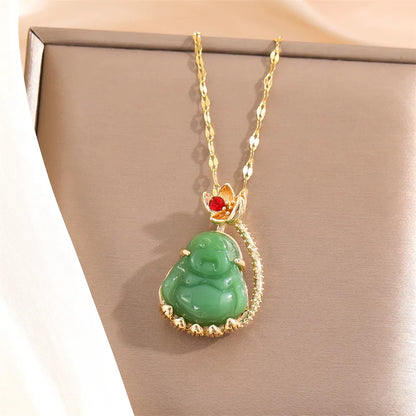 Stainless Steel Titanium Steel 18K Gold Plated Classical Plating Inlay Portrait Jade Zircon Pendant Necklace