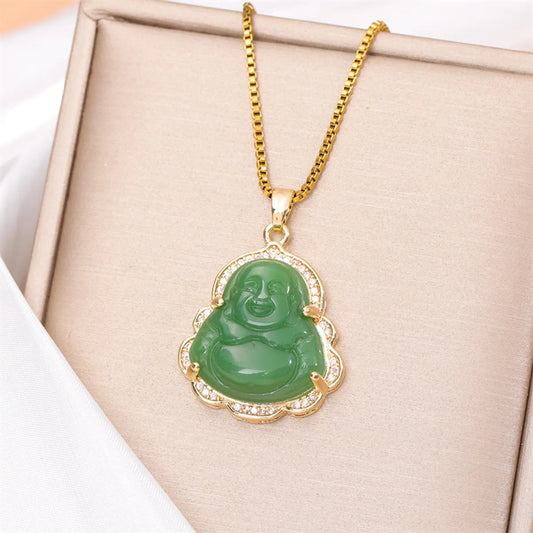 Classical Portrait Stainless Steel Titanium Steel Plating Inlay Jade Zircon 18k Gold Plated Gold Plated Pendant Necklace