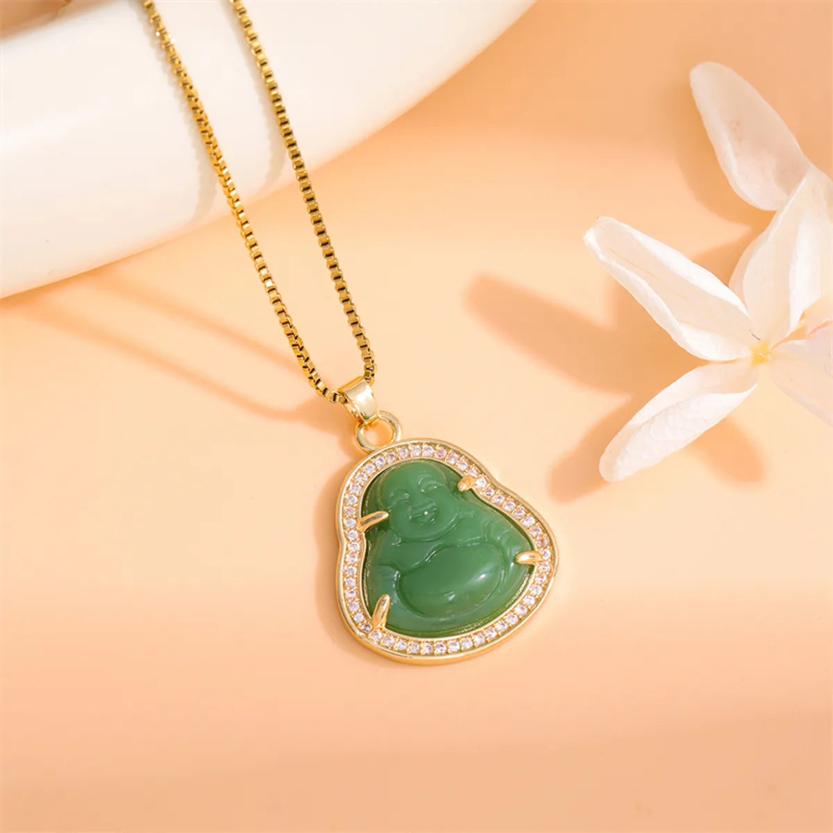 Classical Portrait Stainless Steel Titanium Steel Plating Inlay Jade Zircon 18k Gold Plated Gold Plated Pendant Necklace