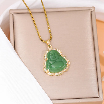 Classical Portrait Stainless Steel Titanium Steel Plating Inlay Jade Zircon 18k Gold Plated Gold Plated Pendant Necklace