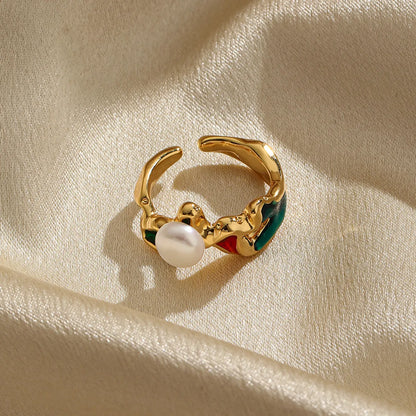 Classical Retro Commute Irregular Copper Painted Plating Inlay Pearl 18k Gold Plated Open Rings