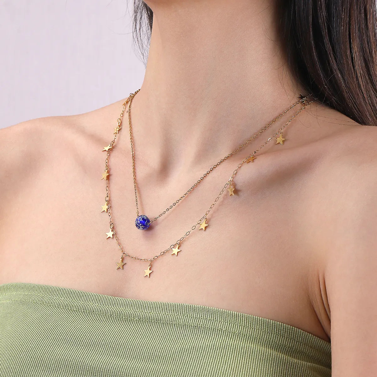 Classical Romantic Star 18K Gold Plated 304 Stainless Steel Glass Wholesale Double Layer Necklaces