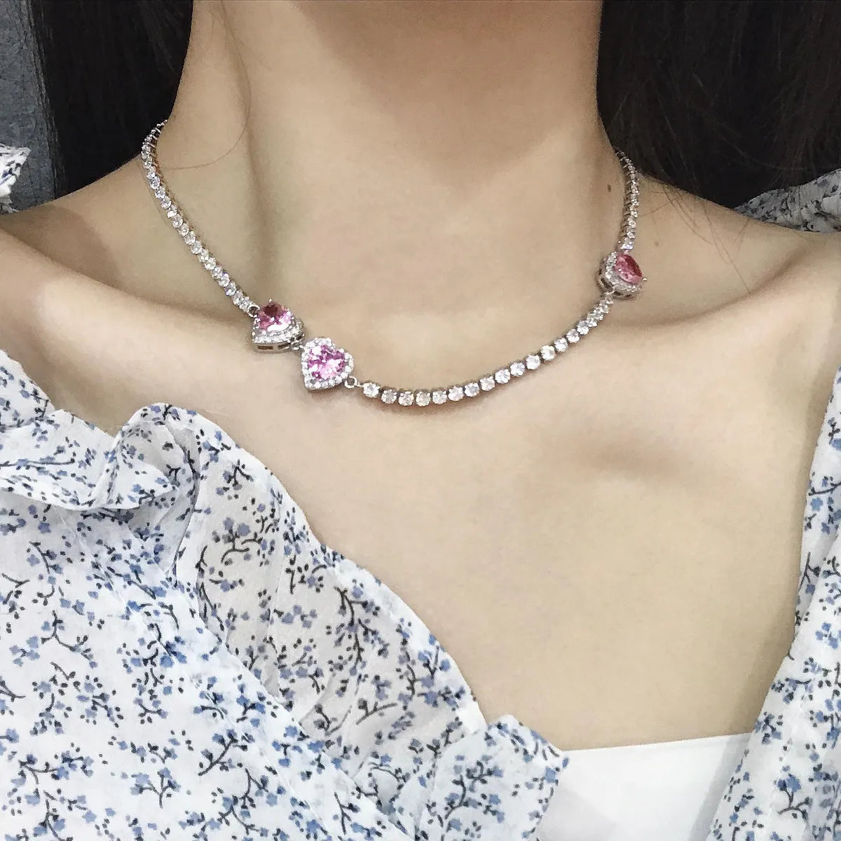 Light Luxury Heavy Industry High-end Clavicle Chain Female Summer Sweet Pink Love Pull Choker Necklace Full Zircon Necklace