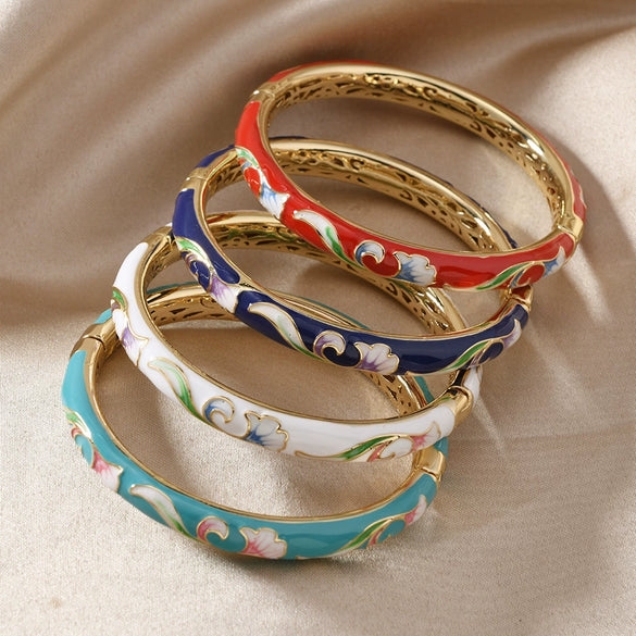 Cloisonné Bracelet With Colorful Lotus Painted Cut Out Double Layer Electroplated Jewelry