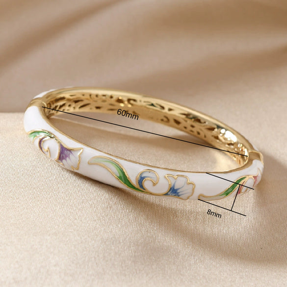 Cloisonné Bracelet With Colorful Lotus Painted Cut Out Double Layer Electroplated Jewelry