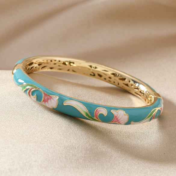 Cloisonné Bracelet With Colorful Lotus Painted Cut Out Double Layer Electroplated Jewelry