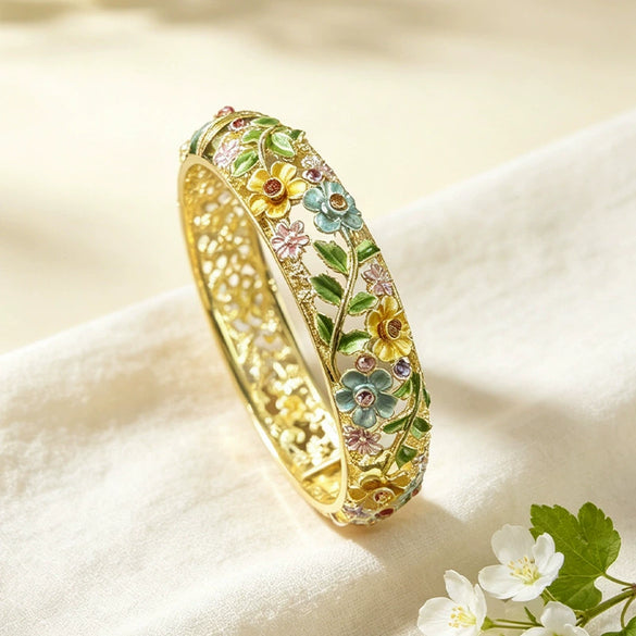 Cloisonné Enamel Bracelet With Openwork Floral Branches And Leaves Elegant Botanical Jewelry Accessory