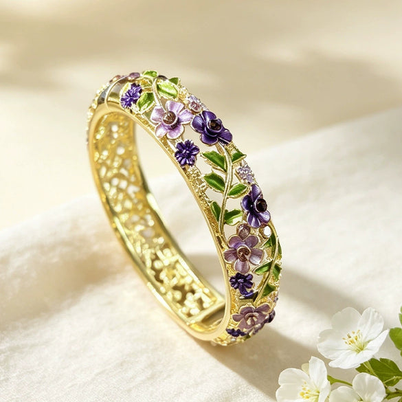 Cloisonné Enamel Bracelet With Openwork Floral Branches And Leaves Elegant Botanical Jewelry Accessory