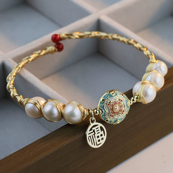 Cloisonne Natural Freshwater Pearl 18K Gold Wire Electroplating Bracelet For Women