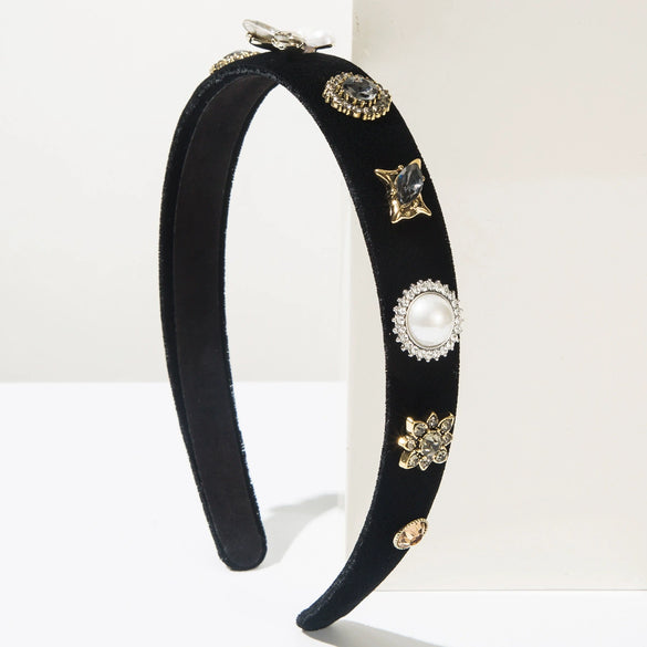 Cloth Hairband With Pearls Rhinestones Diamond Design Simple Style Hair Accessory