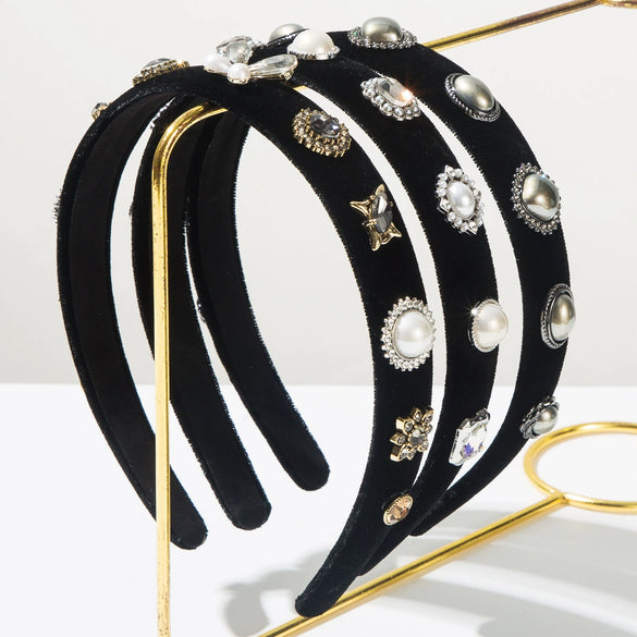 Cloth Hairband With Pearls Rhinestones Diamond Design Simple Style Hair Accessory