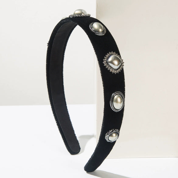 Cloth Hairband With Pearls Rhinestones Diamond Design Simple Style Hair Accessory