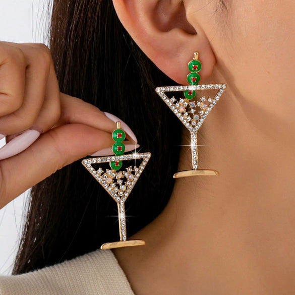 Cocktail Glass Shaped Women's Earrings With Olive Accents Geometric Electroplated Zinc Alloy Jewelry