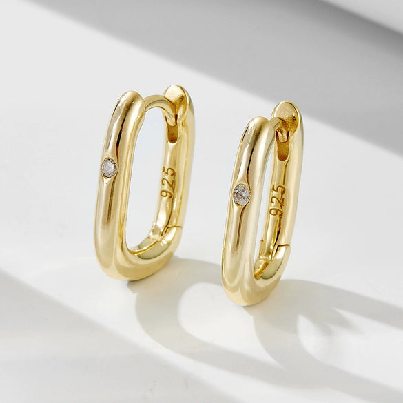 Cold Retro Geometric Smooth Oval U Shaped Sterling Silver Earrings For Women With Diamond Inlay