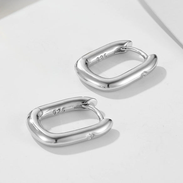 Cold Retro Geometric Smooth Oval U Shaped Sterling Silver Earrings For Women With Diamond Inlay