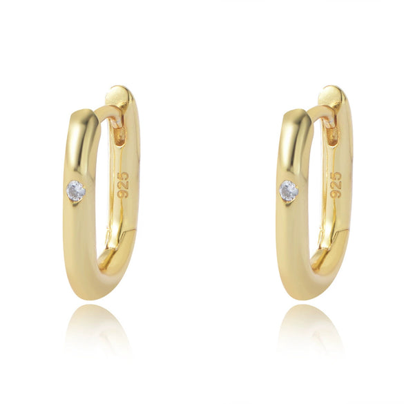 Cold Retro Geometric Smooth Oval U Shaped Sterling Silver Earrings For Women With Diamond Inlay