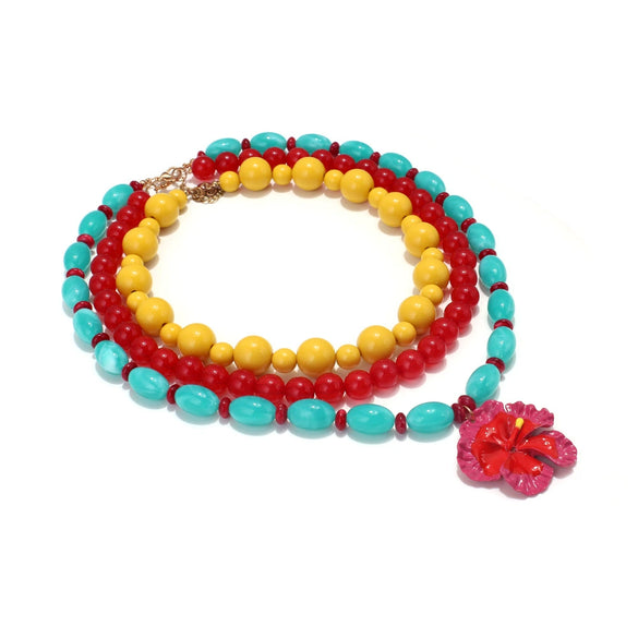 Color Block Resin Multi Layer Necklace Bohemian Vacation Style Plumeria Pendant Necklace For Women Electroplated Zinc Alloy