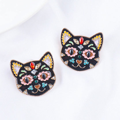 55625 Europe And America Creative Black Cat Colorful Cat Funny Earrings Halloween Ghost Festival Ear Studs Oil-plated Diamond Earrings