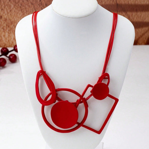 Color Contrast Geometric Interlaced Pendant Long Necklace In Electroplated Zinc Alloy With Matte Metal Finish